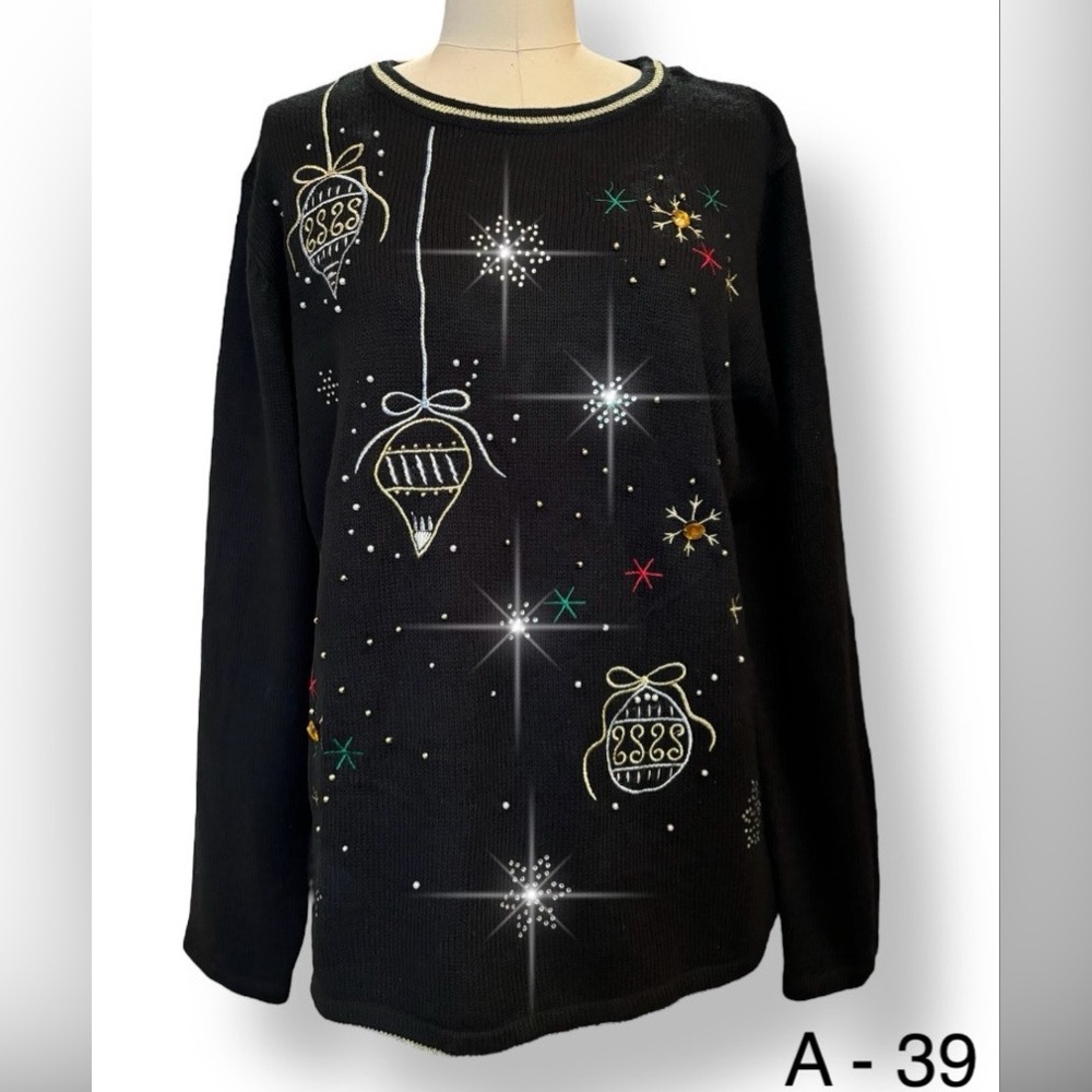Ugly Christmas Sweater Black Ornaments Rhinestones Embroidery Womens Sz XL